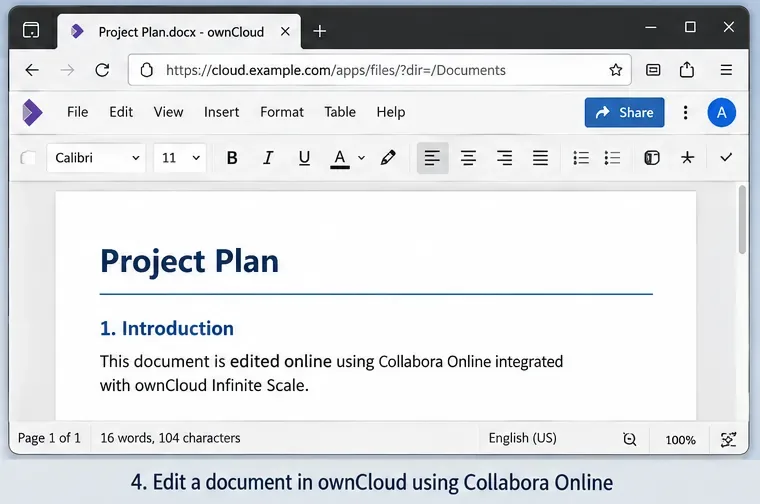 ownCloud Infinite Scaleから開いたDOCXファイルを表示するブラウザベースのCollaboraドキュメントエディタ