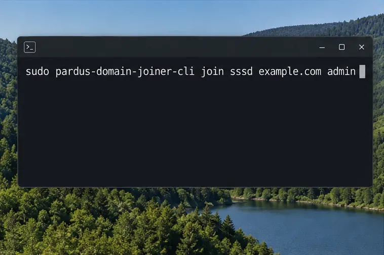 Linuxターミナルには、joinadminアカウントを使用してSSSD経由でexample.comドメインに参加するためのPardus Domain Joiner CLIコマンドが表示されます。