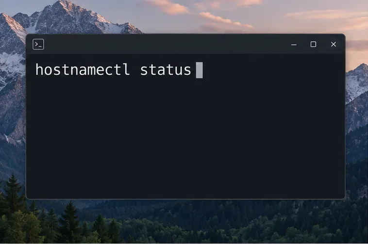 Linuxのターミナルウィンドウには、ドメイン登録前にPardusコンピュータ名を検査するために使用されるhostnamectl statusコマンドが表示されます。