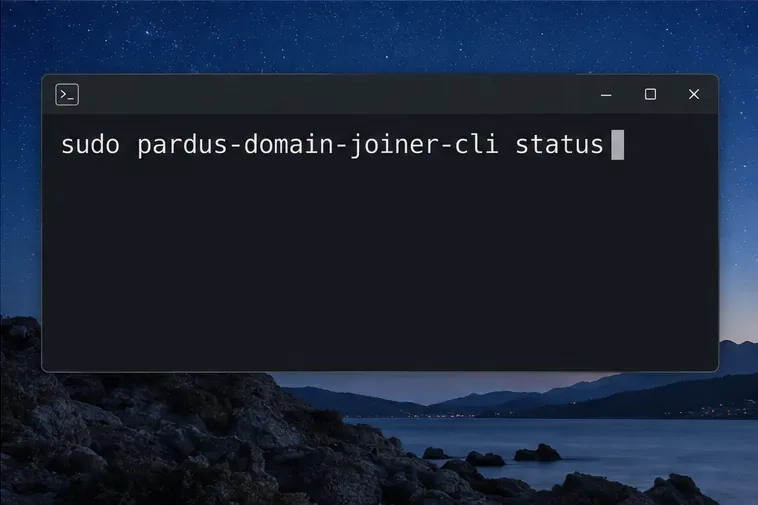 Linuxターミナルで「sudo pardus-domain-joiner-cli status」と表示して、ドメイン参加後の登録状況を確認します。