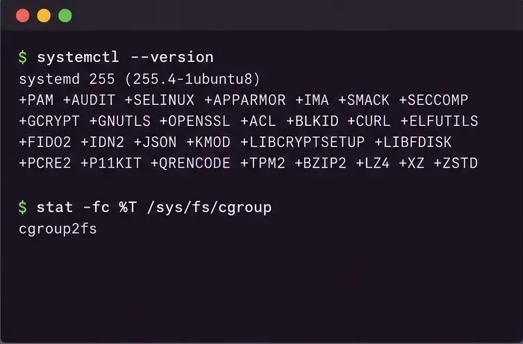 リソース制限を設定する前にsystemdのバージョンとcgroup2fsのマウントタイプを確認するUbuntuスタイルのターミナルモックアップ