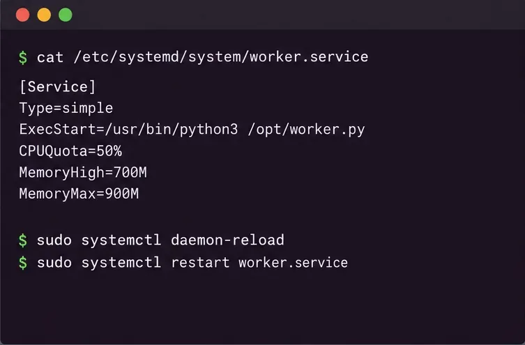 CPUQuota、MemoryHigh、およびMemoryMaxの設定を含むsystemdサービス構成のモックアップ