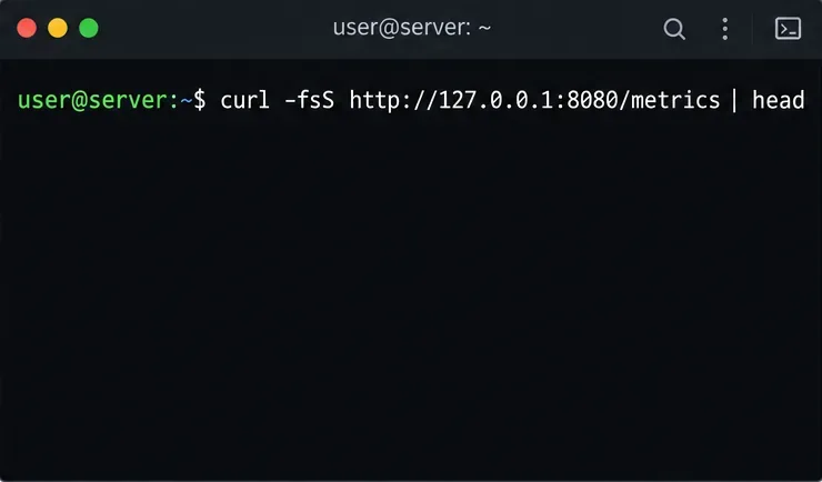 Una terminal muestra un comando curl que solicita el punto final de métricas de Jitsi Videobridge local.