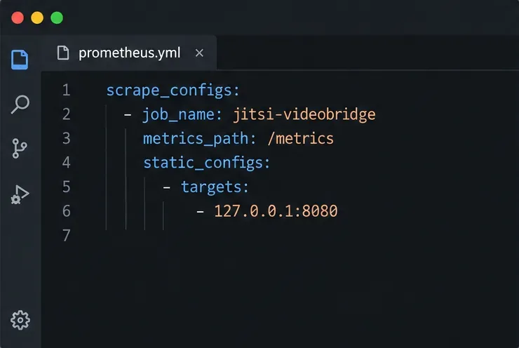 Un editor de código muestra una tarea de extracción de Prometheus para Jitsi Videobridge en 127.0.0.1 puerto 8080.