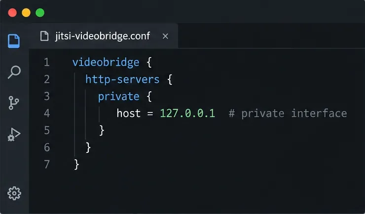 Un editor de configuración muestra que el host HTTP privado de Jitsi Videobridge está configurado en 127.0.0.1.