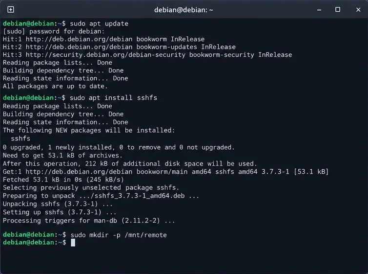 Debian 終端機顯示 apt 更新、SSHFS 安裝以及 /mnt/remote 目錄的建立。