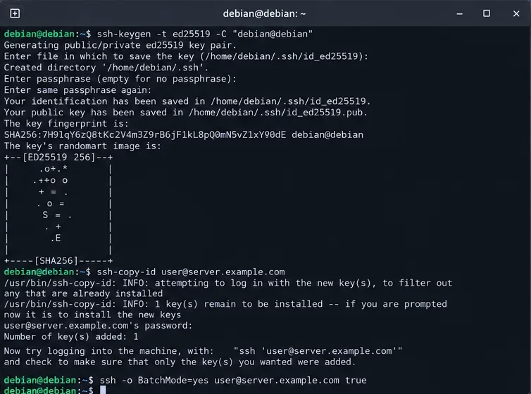 Debian 終端機顯示了 SSH 金鑰建立、ssh-copy-id 命令以及批次模式 SSH 連線測試。