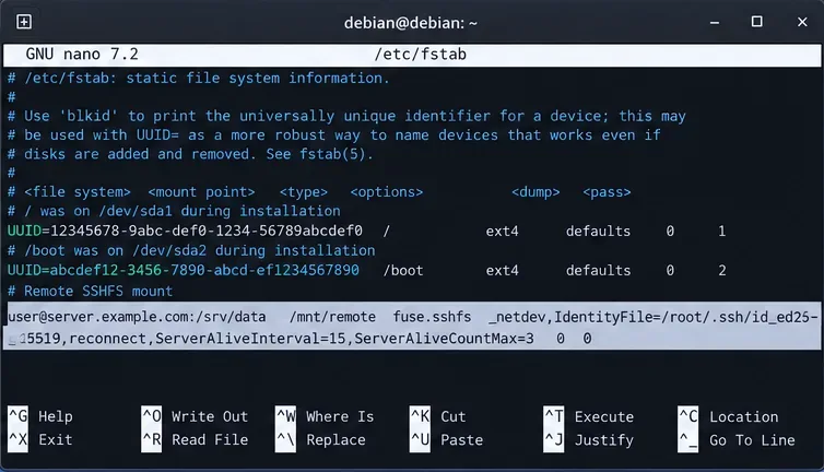 Nano 編輯器顯示 /etc/fstab SSHFS 條目，其中包含 _netdev、IdentityFile、reconnect 和 ServerAlive 選項。