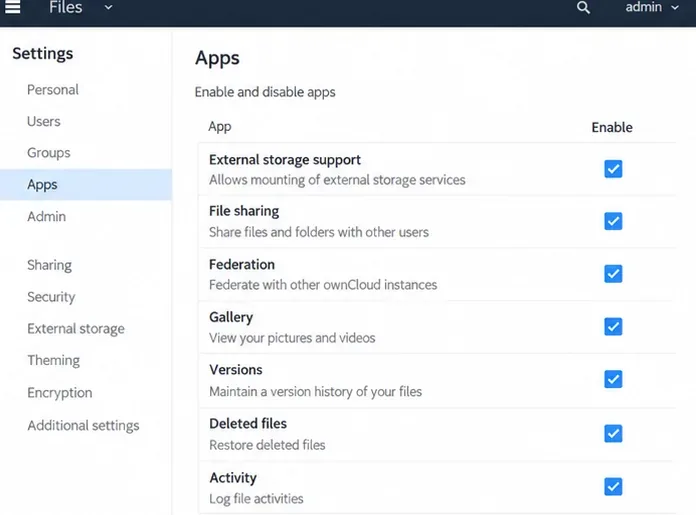 Página de configuración de ownCloud con la aplicación de soporte para almacenamiento externo habilitada.