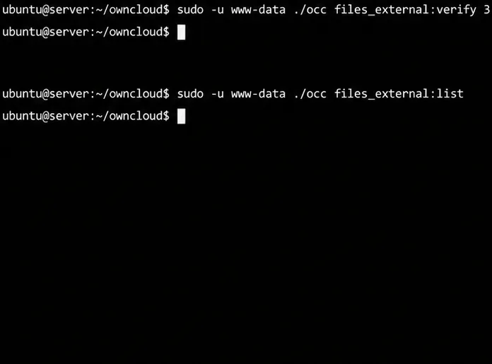 Una terminal de Linux que muestra los comandos ownCloud occ files_external:verify y files_external:list.