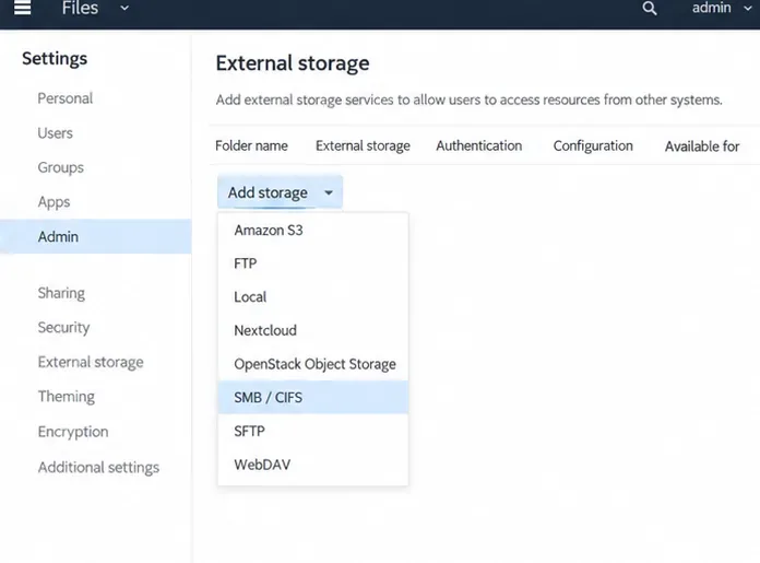 La página de administración de almacenamiento de ownCloud con SMB/CIFS resaltado en el menú Agregar almacenamiento.