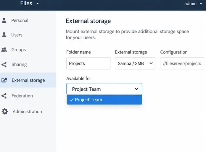 El selector ownCloud disponible se ha ampliado con el grupo Equipo del proyecto seleccionado.