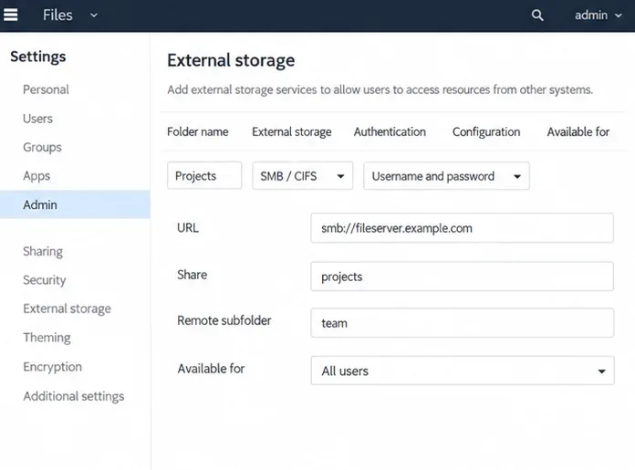 Un formulario de almacenamiento externo de ownCloud con campos para el nombre de la carpeta, el backend SMB/CIFS, la URL, el recurso compartido, la subcarpeta remota y el estado "Disponible para".