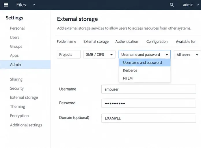 Un formulario de autenticación ownCloud SMB/CIFS con campos de nombre de usuario y contraseña, y un campo de dominio opcional.
