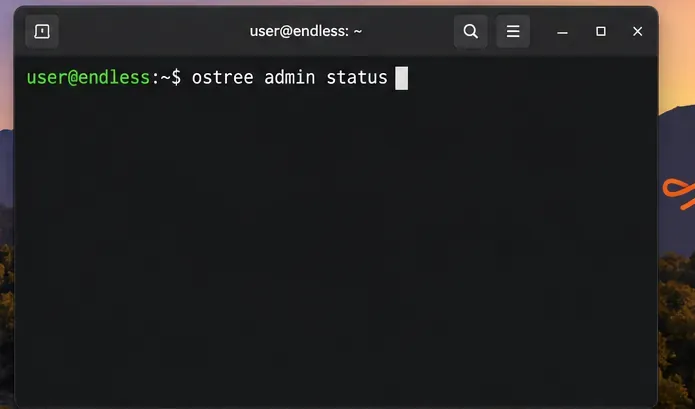ostree admin statusコマンドを実行できる状態のターミナル
