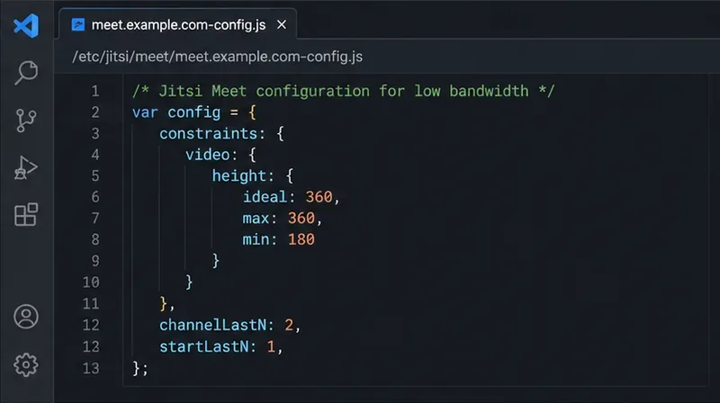 コードエディタには、Jitsi Meetの制約が360p、channelLastN 2、startLastN 1に設定されていることが示されています。