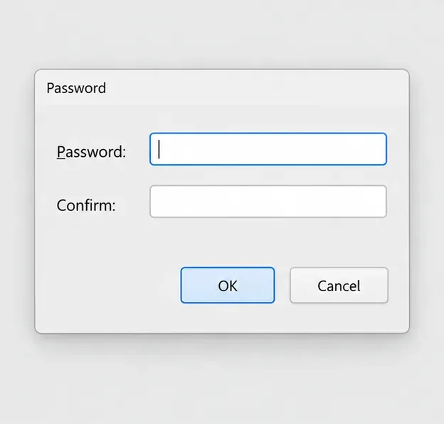 LibreOfficeのパスワードダイアログには、空白のパスワード入力欄と確認欄、およびOKボタンとキャンセルボタンが表示されます。