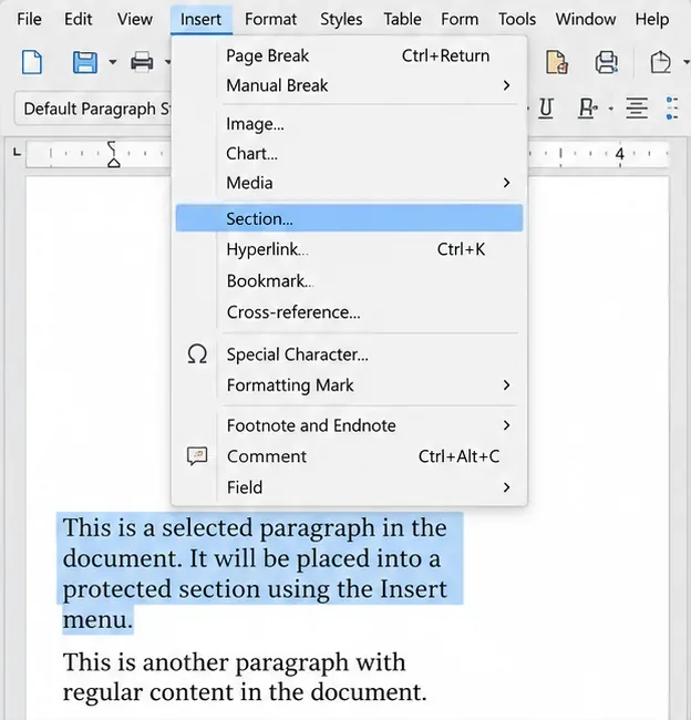 LibreOffice Writerで段落が選択されており、挿入メニューが開いていて、セクションコマンドがハイライト表示されている状態です。