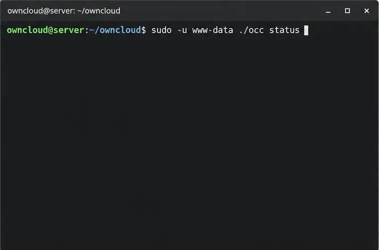 ownCloudディレクトリ内のターミナルで、www-dataユーザーとしてocc statusコマンドを入力します。