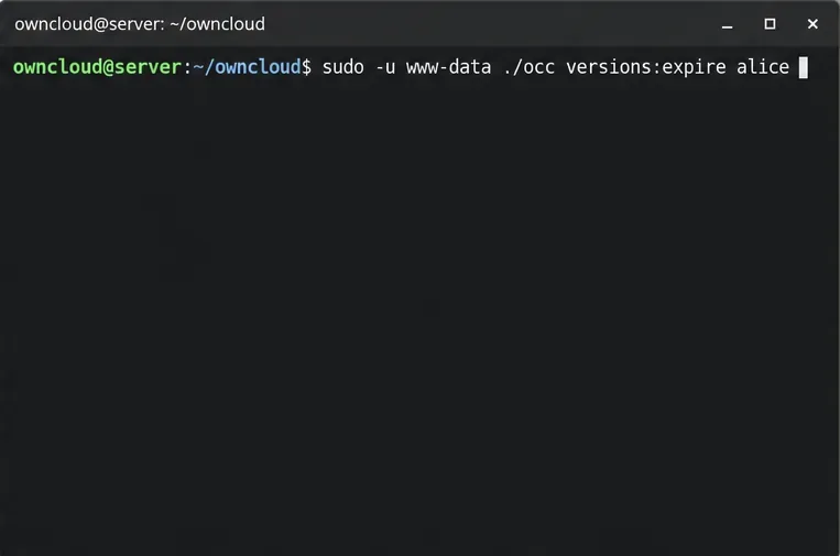 ownCloudのversions:expireコマンドがaliceアカウントにスコープされていることを示すターミナル画面