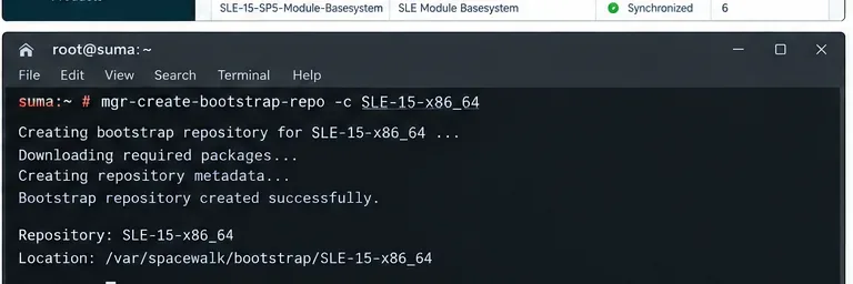 หน้าต่างเทอร์มินัลแสดงภาพการสร้าง SLES bootstrap repository และข้อความแสดงความสำเร็จในการดำเนินการ