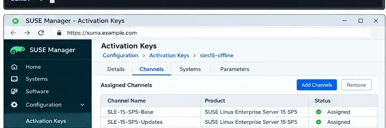 ตัวอย่างหน้าคีย์การเปิดใช้งาน SUSE Manager ที่แสดงคีย์การเปิดใช้งาน SLES พร้อมช่องซอฟต์แวร์หลักและซอฟต์แวร์ย่อยที่กำหนดไว้