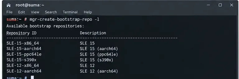 หน้าต่างเทอร์มินัลแสดงคำสั่ง mgr-create-bootstrap-repo -l และรายการเป้าหมายของ SLE bootstrap repository ที่ใช้งานได้