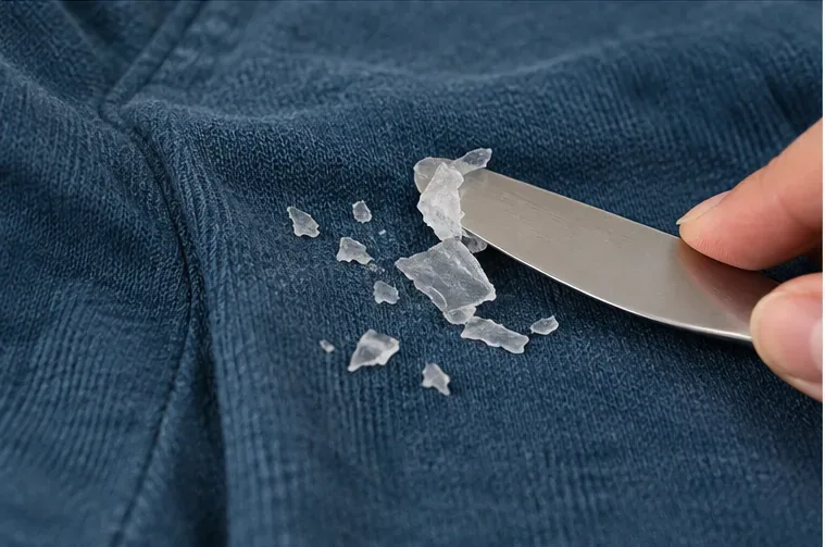 鈍い金属の刃が、ざらざらした青い布から冷えた熱い接着剤の小さな脆い破片を剥がしている。