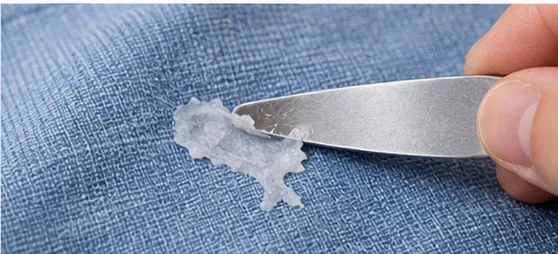 Met een bot metalen gereedschap wordt voorzichtig een uitgeharde plek transparante nagellijm van een blauwe stof getild.