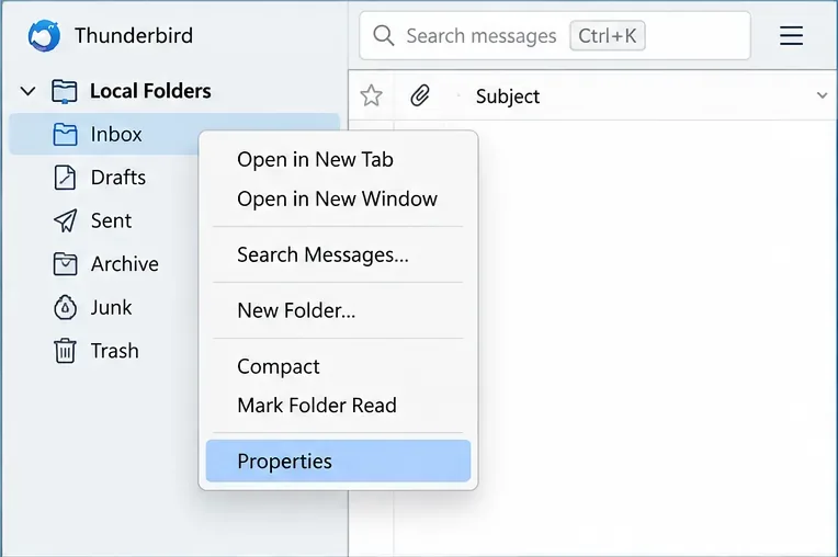 Thunderbird風の受信トレイのコンテキストメニューで、プロパティが強調表示されます。