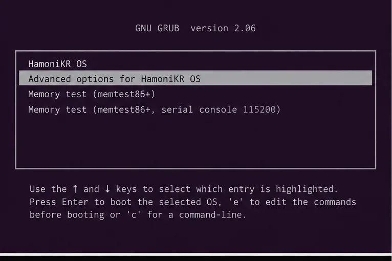 GRUBメニューにHamoniKR OSが表示され、HamoniKR OSの詳細オプションが選択されています。