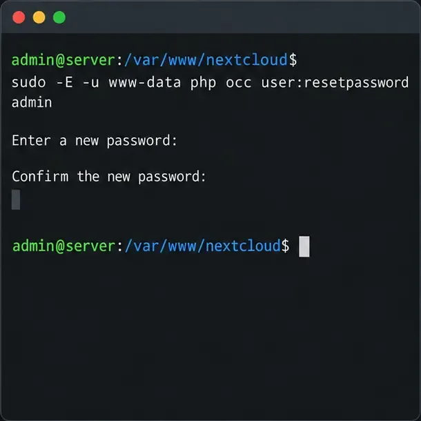 Linuxターミナルに、occ user:resetpasswordコマンドと、非表示になっている2つのパスワード入力プロンプトが表示されている。