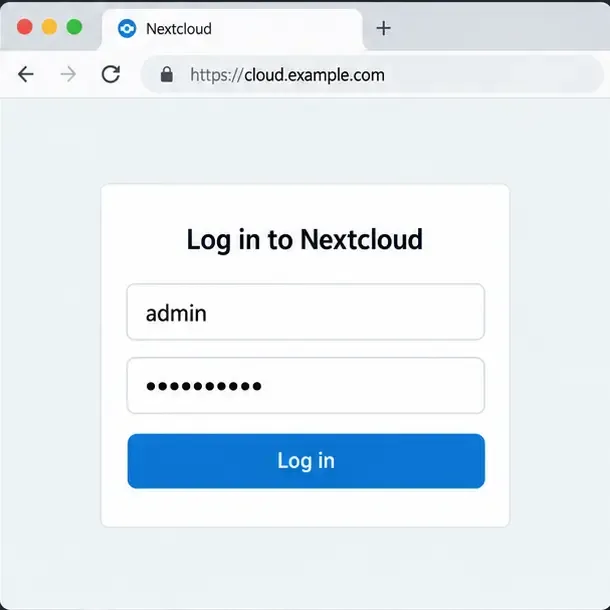 パスワード欄がマスクされた、adminという名前のNextcloudアカウントのブラウザログインフォーム。