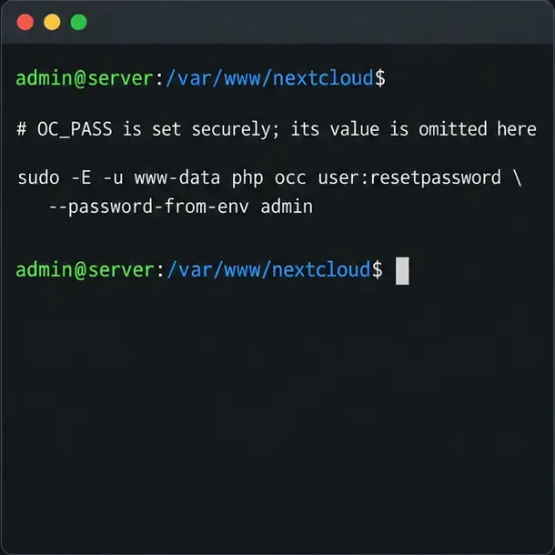 OC_PASSが安全に設定されているという注記の後に、--password-from-env resetコマンドが表示されたLinuxターミナル。