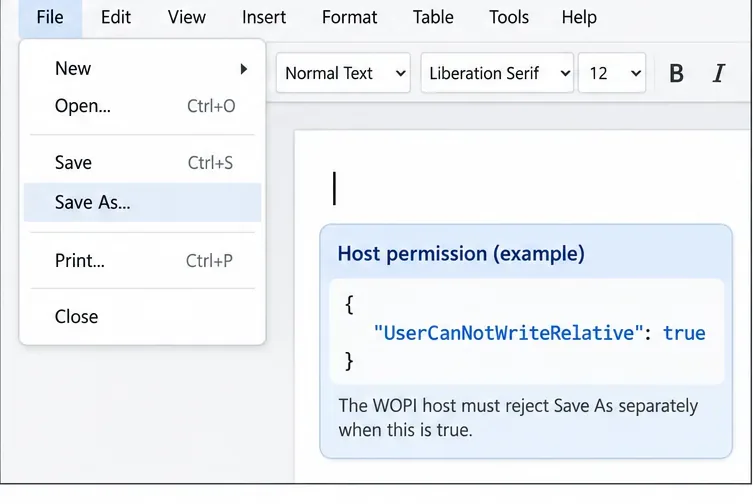 Collabora 風格的「檔案」選單中缺少「下載」選項,而附近的 WOPI 權限卡顯示「UserCanNotWriteRelative」已啟用。