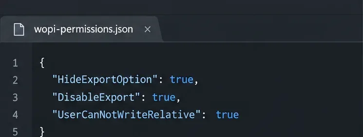 JSON 編輯器顯示 HideExportOption、DisableExport 和 UserCanNotWriteRelative 都設定為 true。