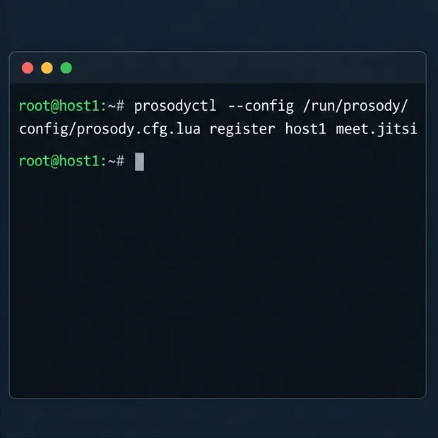 ターミナルウィンドウには、Docker構成パスとmeet.jitsi上のサンプルアカウントhost1を使用したProsodyアカウント登録コマンドが表示されます。