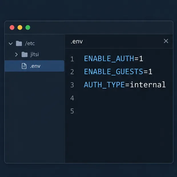 ダークモードの設定エディタでは、Jitsiの.envファイルにENABLE_AUTH=1、ENABLE_GUESTS=1、およびAUTH_TYPE=internalが表示されます。