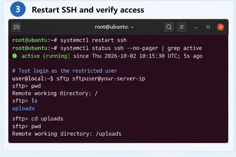 Ubuntu 終端機顯示 ssh.service 服務處於活動狀態,且 SFTP 登入的遠端工作目錄為 /uploads。