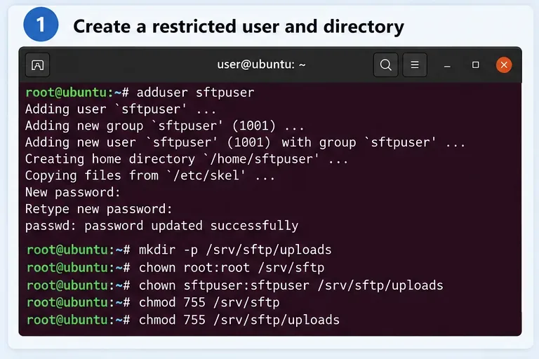 Ubuntu 終端機建立專用的受限 SFTP 使用者和 /srv/sftp/uploads-style 目錄