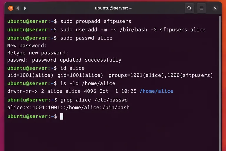 Ubuntu 終端機建立 sftpusers 使用者群組並新增使用者 alice