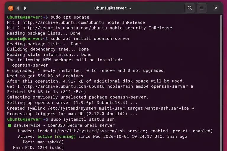 Ubuntu 終端機顯示 OpenSSH 伺服器已安裝,SSH 服務正在運作。