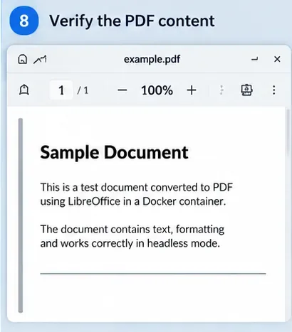 Visualizzatore PDF che mostra il documento di esempio convertito, in modo da poter verificare il layout e il contenuto.