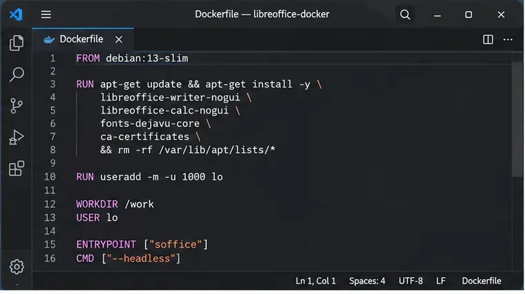 Editor Dockerfile che mostra un'immagine Debian 13 slim con pacchetti LibreOffice senza interfaccia grafica e un utente non root.