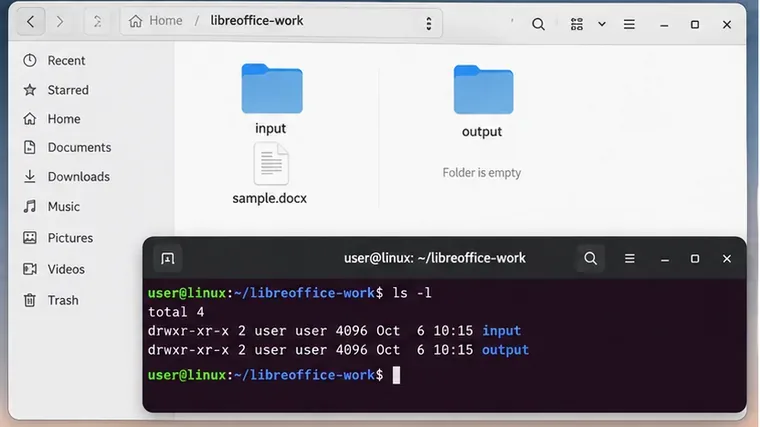 Gestore file e terminale che mostrano directory di input e output separate per la conversione dei documenti