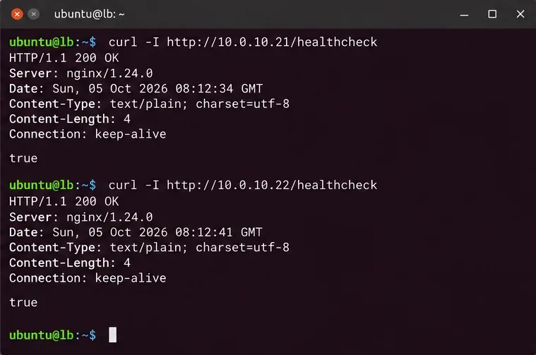 Terminal de Ubuntu que muestra comprobaciones de estado en dos nodos backend del servidor de documentos ONLYOFFICE que devuelven HTTP 200 y true.