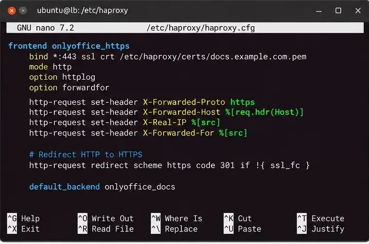 Configuración del frontend de HAProxy que muestra HTTPS en el puerto 443, X-Forwarded-Proto, X-Forwarded-Host, X-Forwarded-For y el backend de ONLYOFFICE.