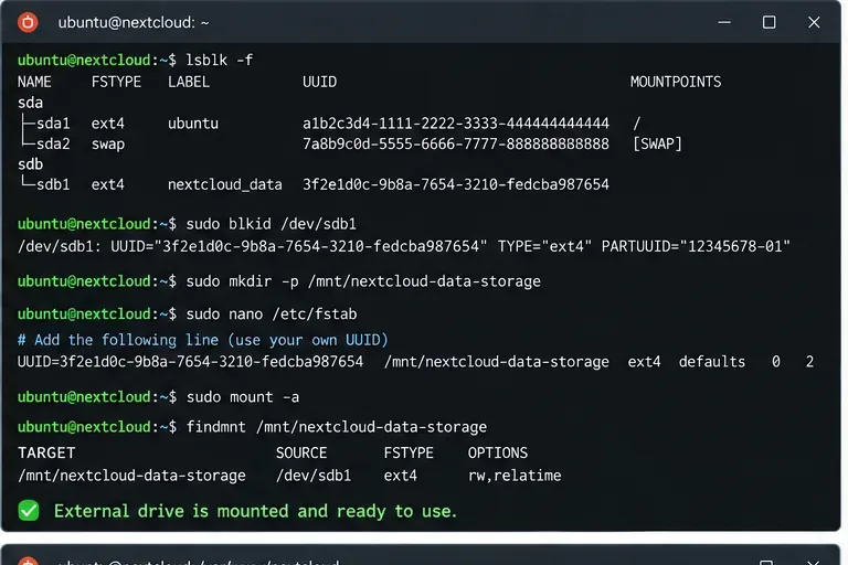 Linux 終端機顯示了 lsblk、blkid、fstab UUID 條目、mount -a 和 findmnt 指令對外部 Nextcloud 磁碟機的執行結果。
