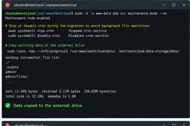 終端機顯示 Nextcloud 已進入維護模式，cron 任務已停止，rsync 正在將包括 .ncdata 在內的整個資料目錄複製到外部磁碟機。