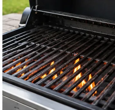 Gietijzeren roosters die boven vlammen verhitten in een buitenbarbecue.